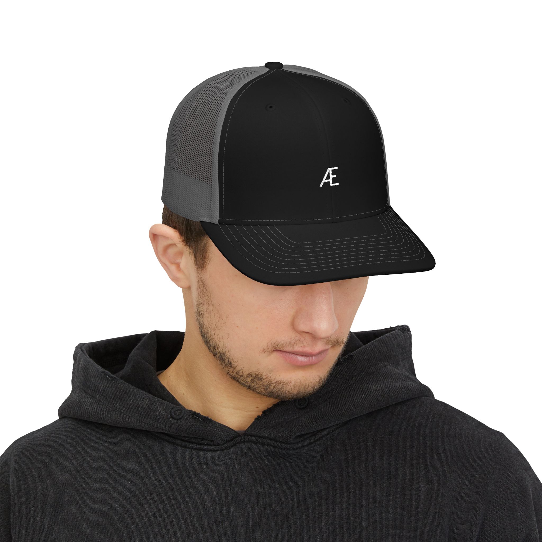 Men's Embroidered Æ Trucker Hat — Black & White Snapback Cap - Image 11