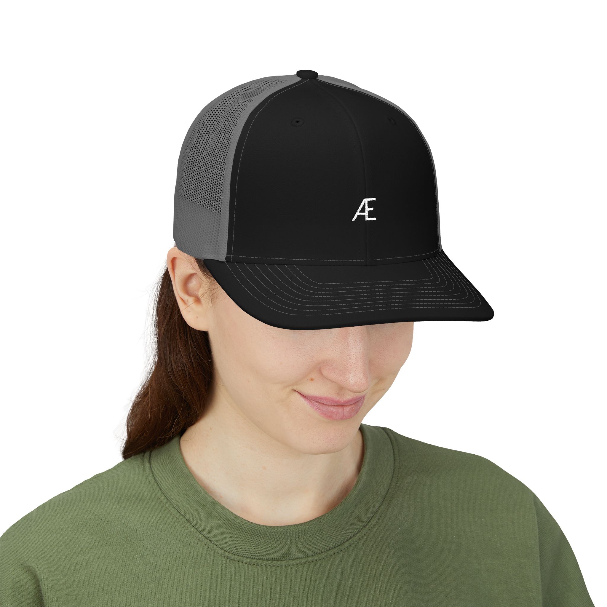 Women's Embroidered AE Snapback Trucker Hat — Classic Black & White Mesh Cap - Image 11