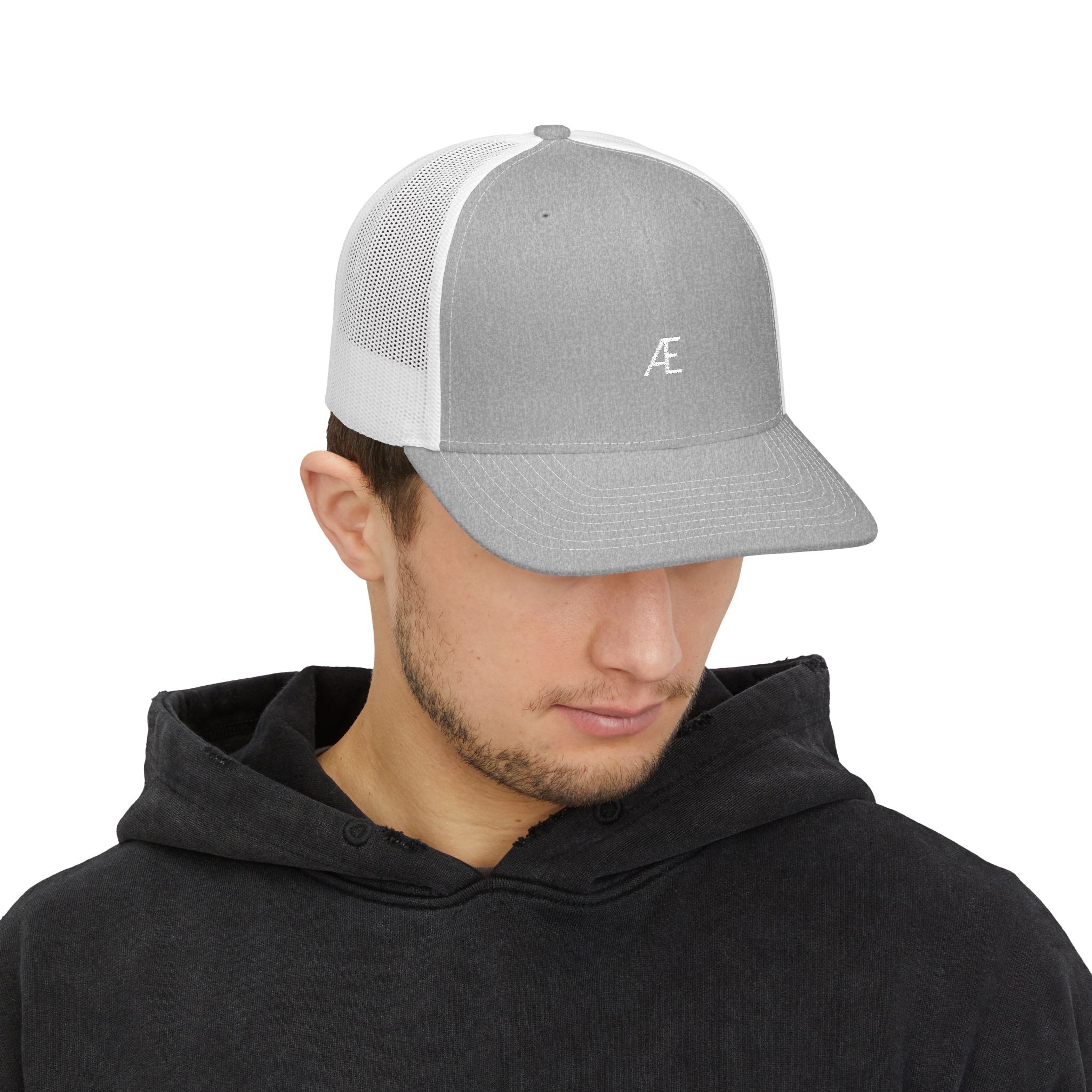 Men's Embroidered Æ Trucker Hat — Black & White Snapback Cap - Image 7