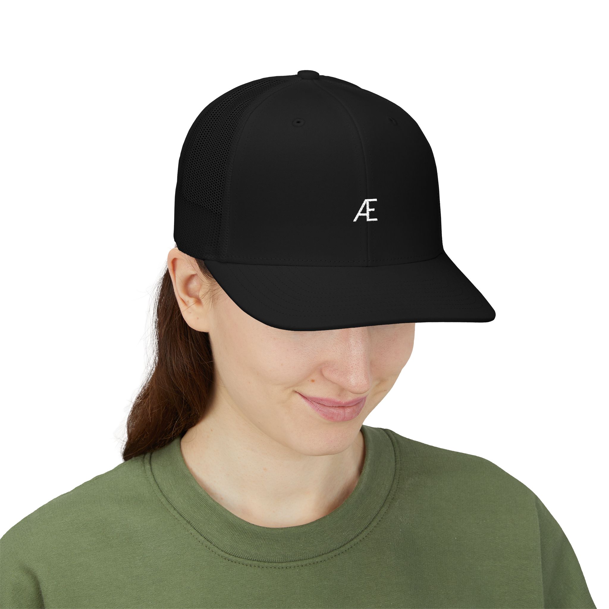Women's Embroidered AE Snapback Trucker Hat — Classic Black & White Mesh Cap - Image 15