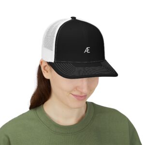 Women's Embroidered AE Snapback Trucker Hat — Classic Black & White Mesh Cap
