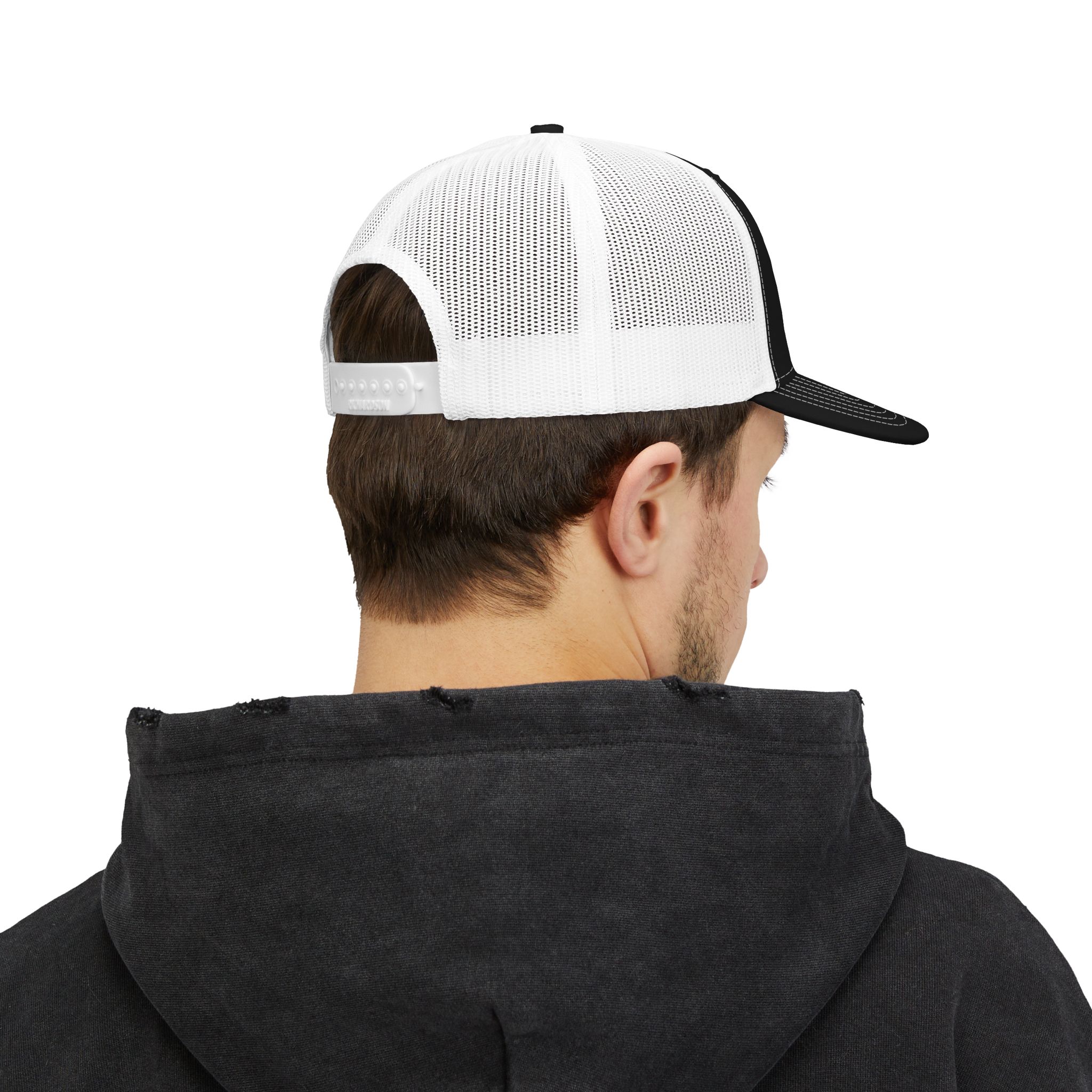 Men's Embroidered Æ Trucker Hat — Black & White Snapback Cap - Image 4
