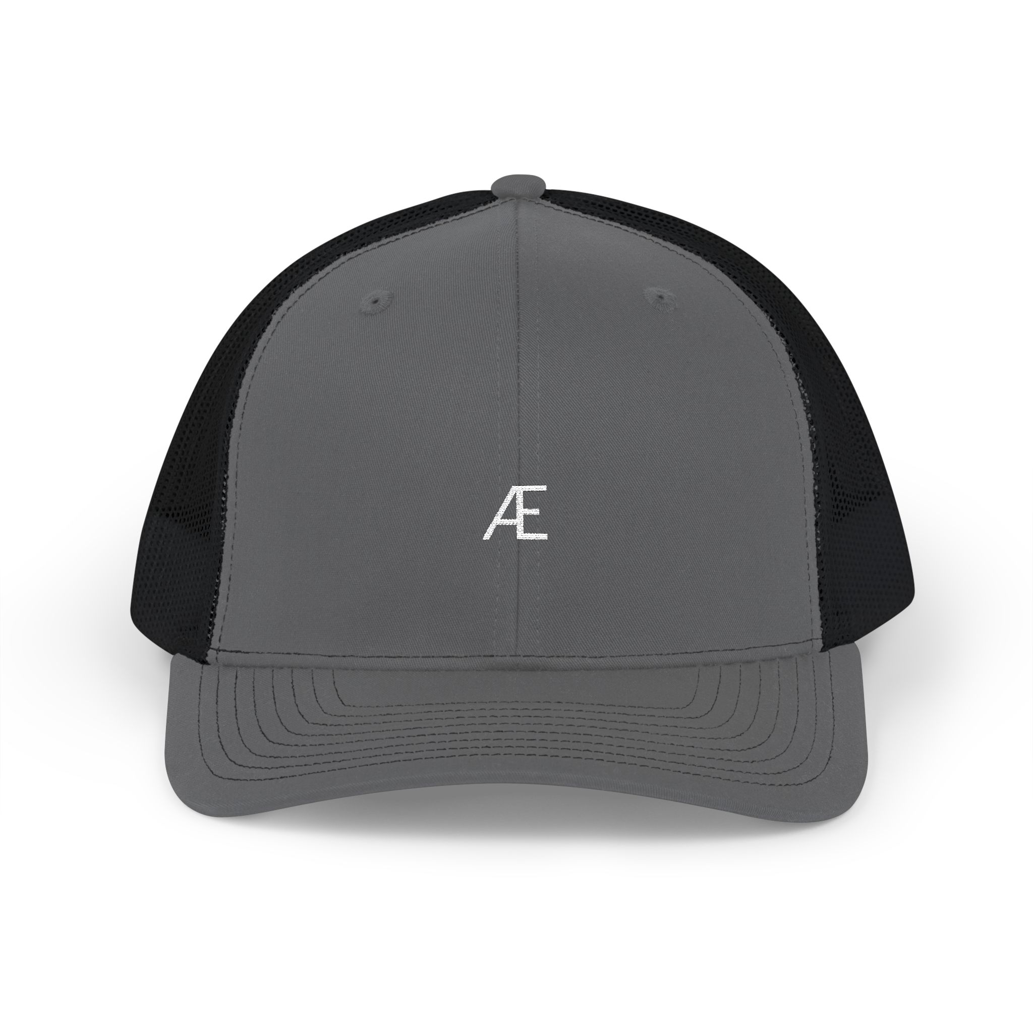 Men's Embroidered Æ Trucker Hat — Black & White Snapback Cap - Image 17