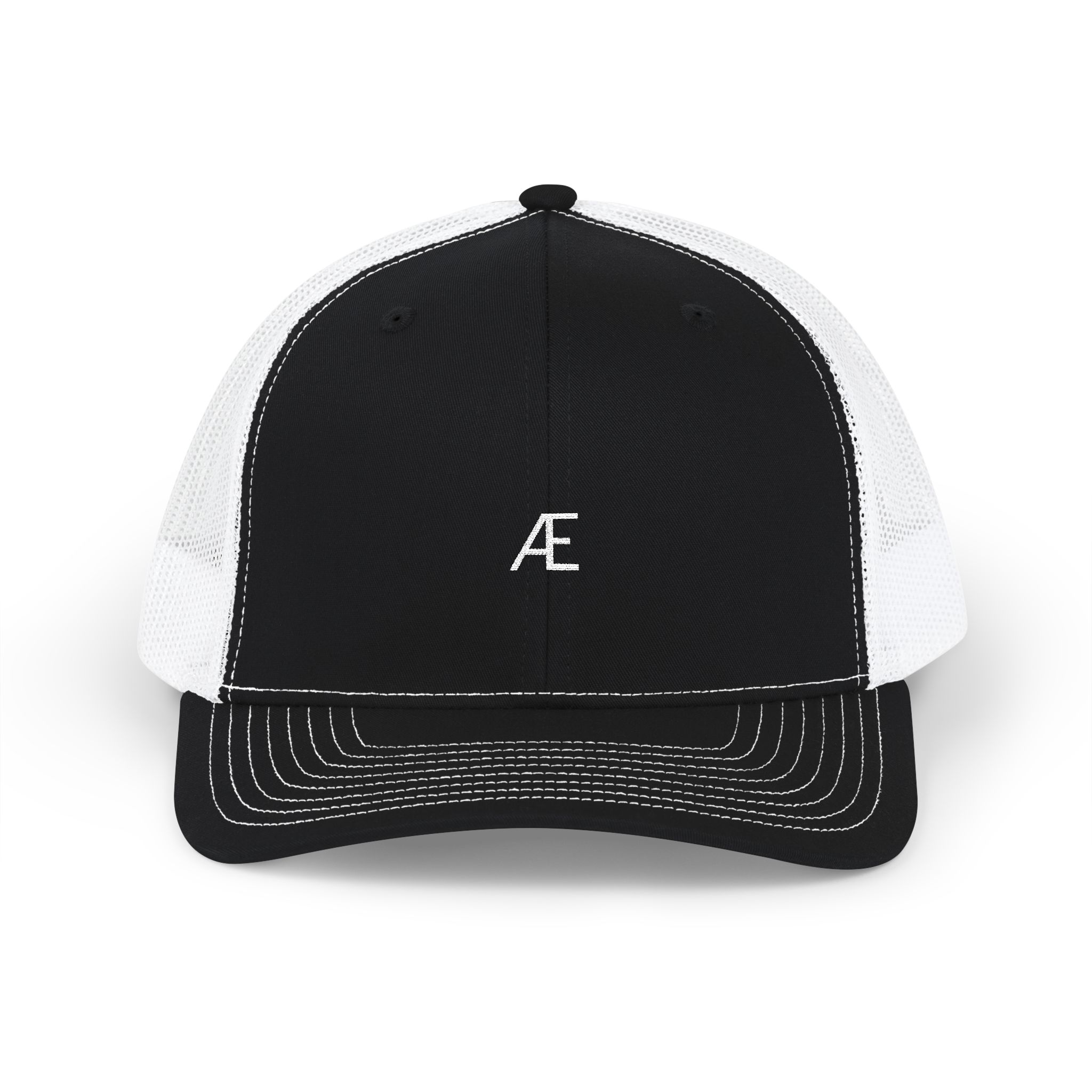 Men's Embroidered Æ Trucker Hat — Black & White Snapback Cap - Image 2