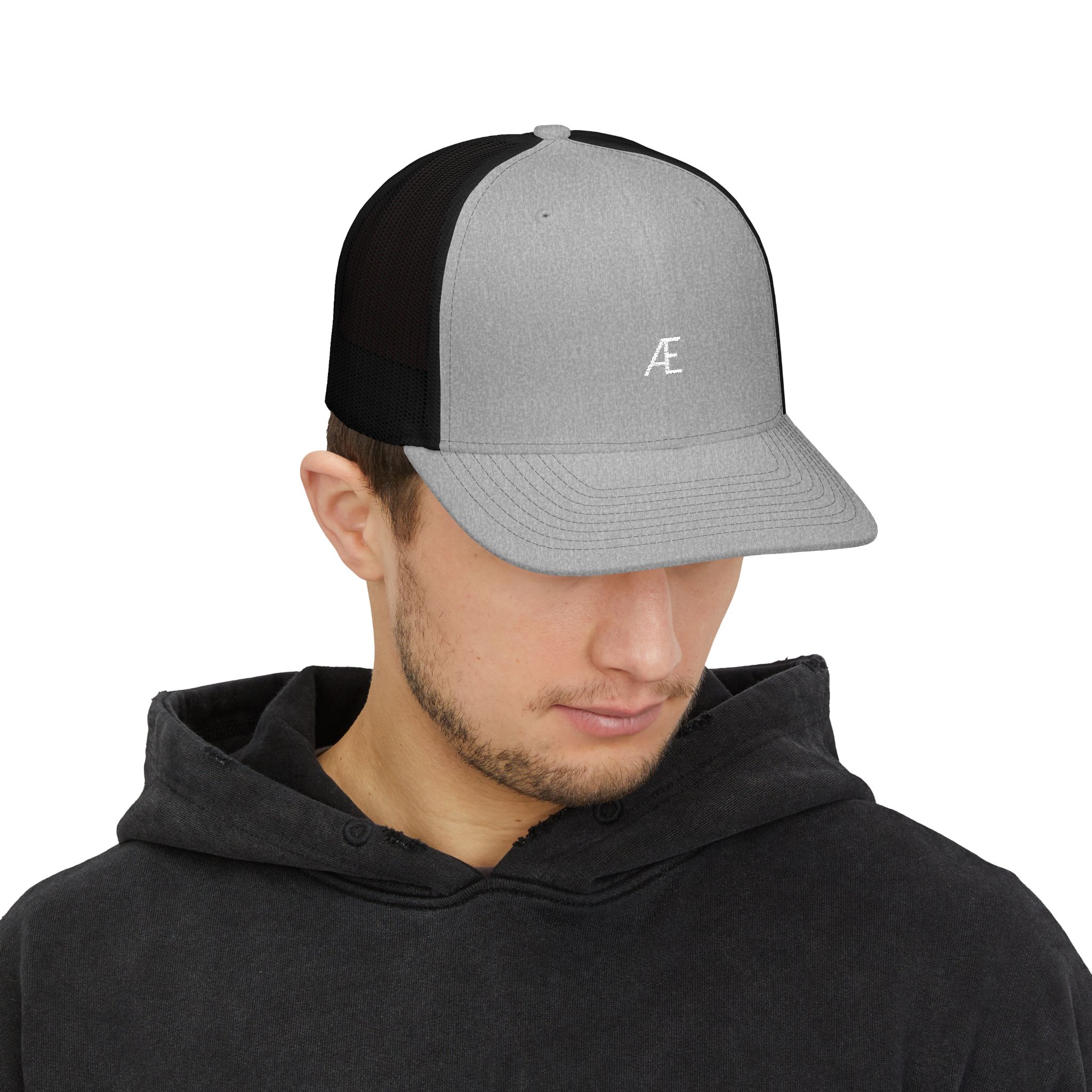 Men's Embroidered Æ Trucker Hat — Black & White Snapback Cap - Image 23