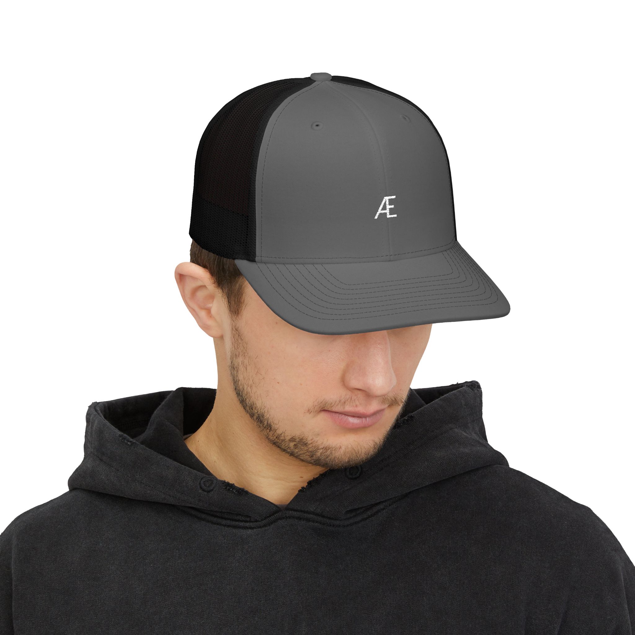 Men's Embroidered Æ Trucker Hat — Black & White Snapback Cap - Image 19