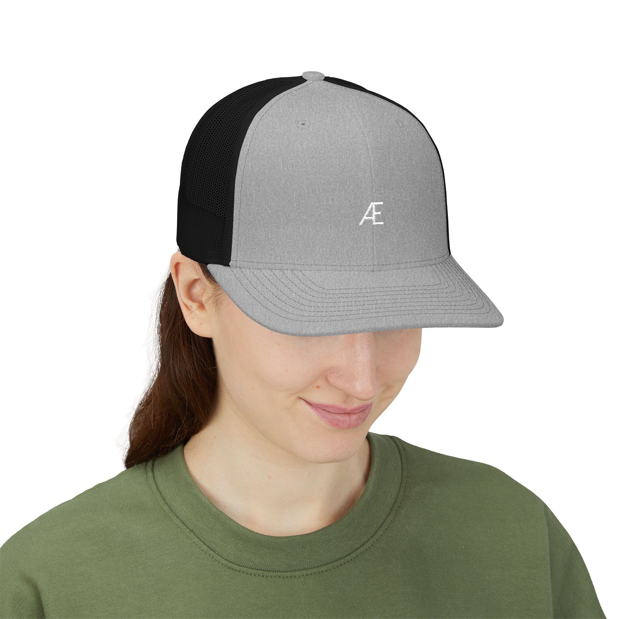 Women's Embroidered AE Snapback Trucker Hat — Classic Black & White Mesh Cap - Image 23