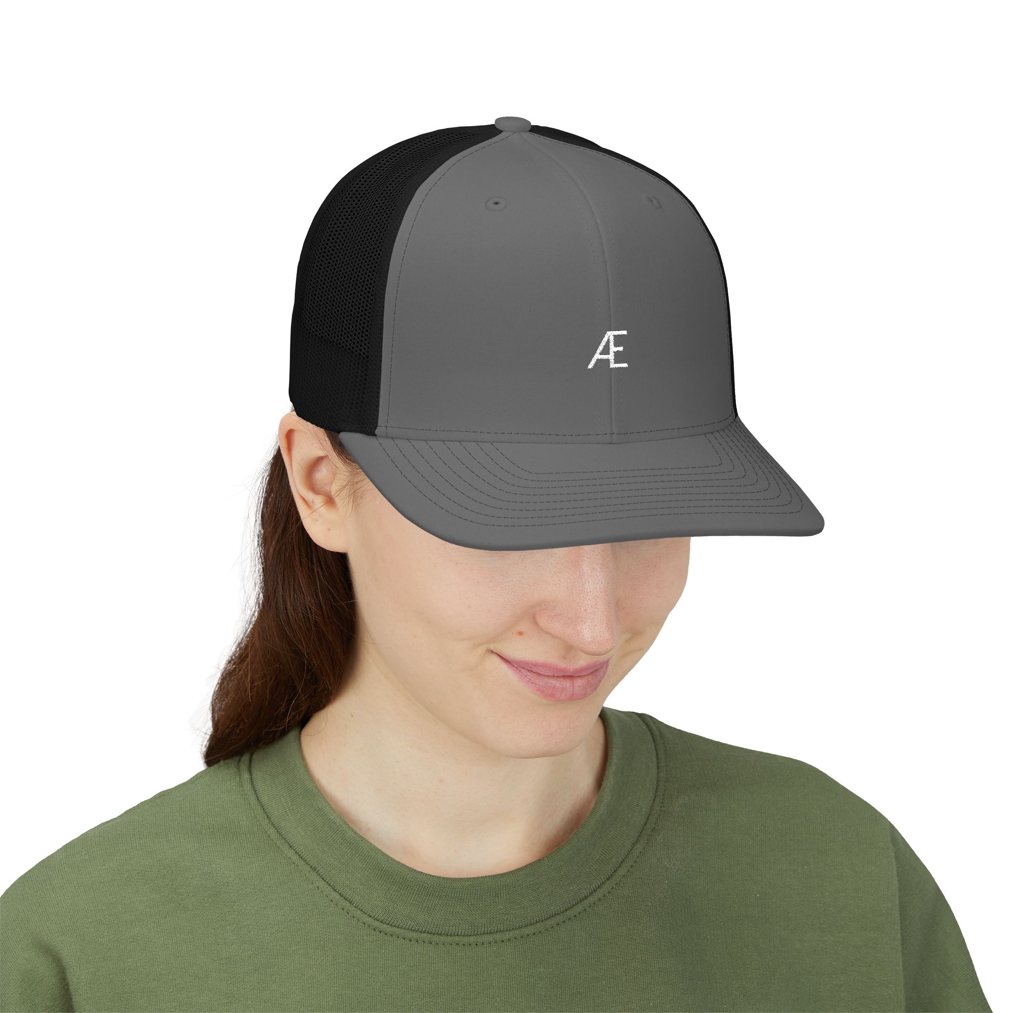 Women's Embroidered AE Snapback Trucker Hat — Classic Black & White Mesh Cap - Image 19