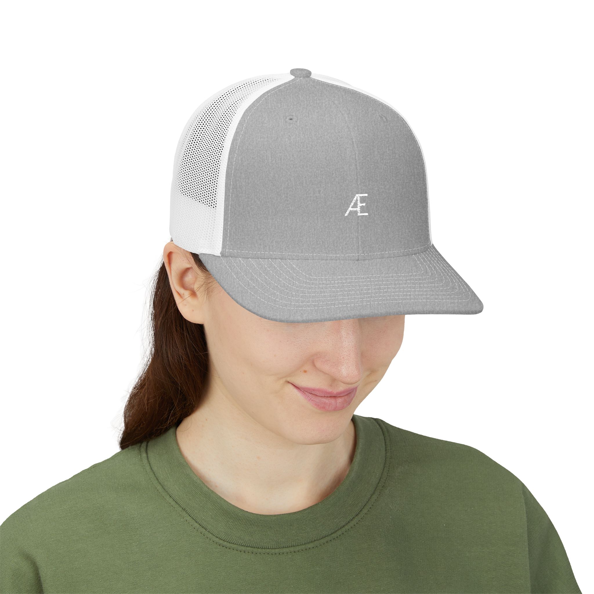 Women's Embroidered AE Snapback Trucker Hat — Classic Black & White Mesh Cap - Image 7