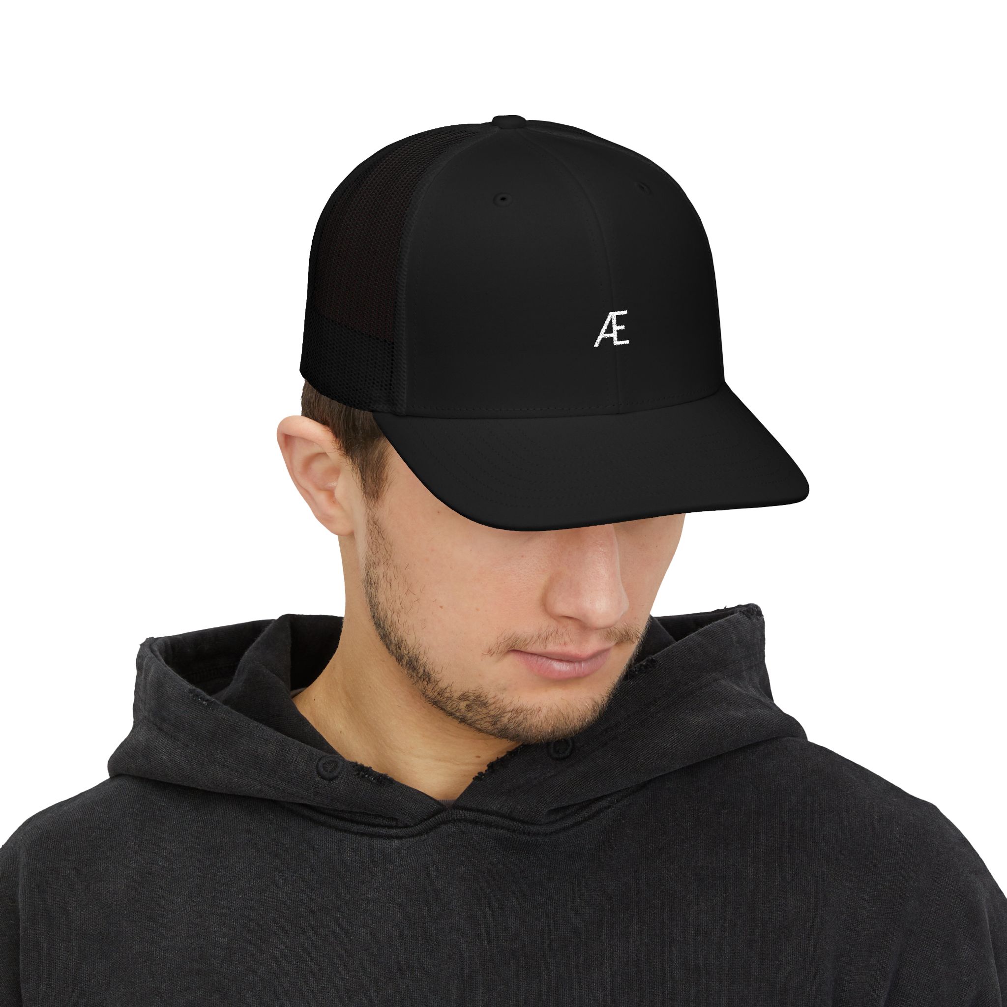 Men's Embroidered Æ Trucker Hat — Black & White Snapback Cap - Image 15