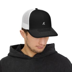Men's Embroidered Æ Trucker Hat — Black & White Snapback Cap